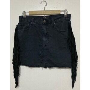 Lucky Brand Coachella Blk Denim Fringe Mini Skirt 4/27 Raw Hem Festival Western